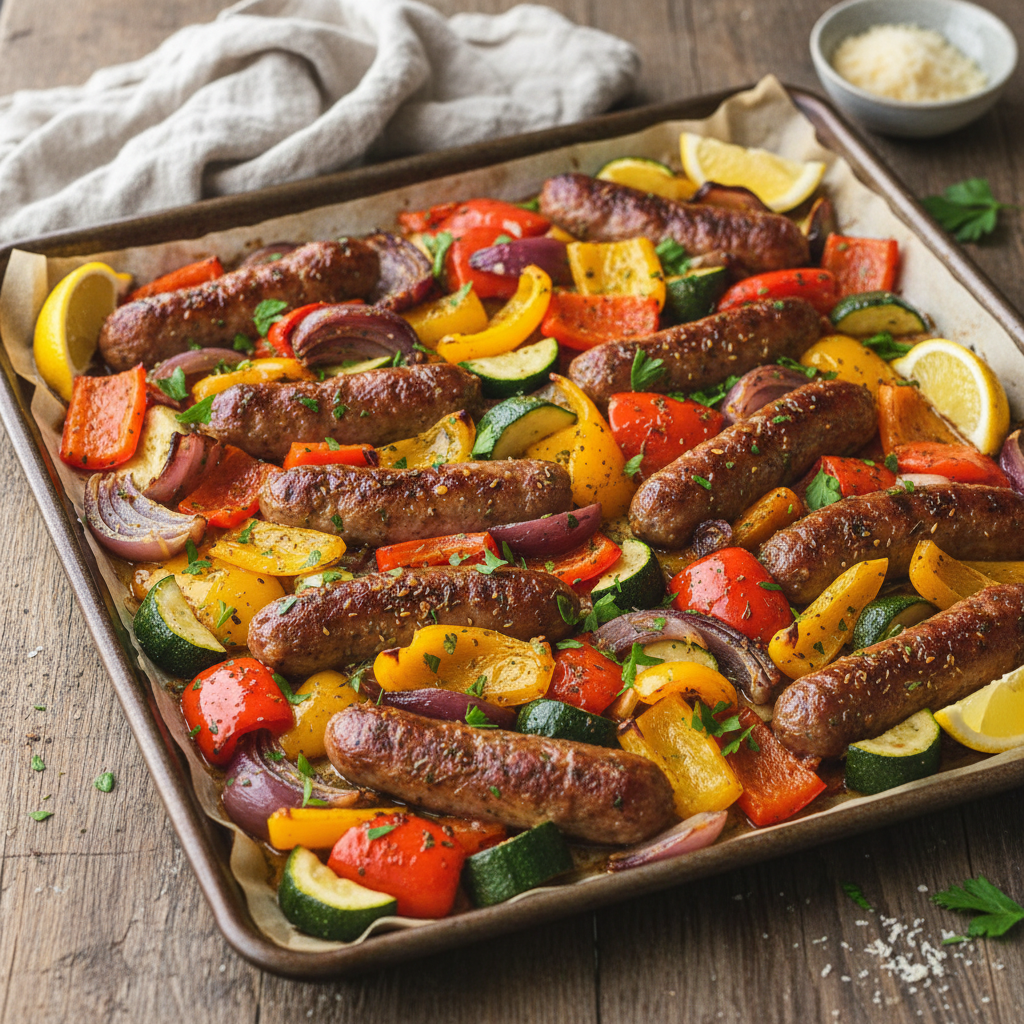 Sheet Pan Sausage and Peppers with Onions and Zucchini