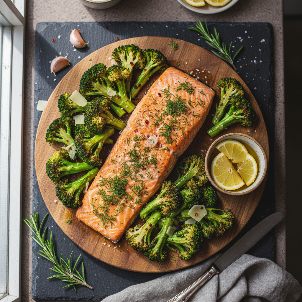 Baked Salmon with Dill and Roasted Broccoli Florets