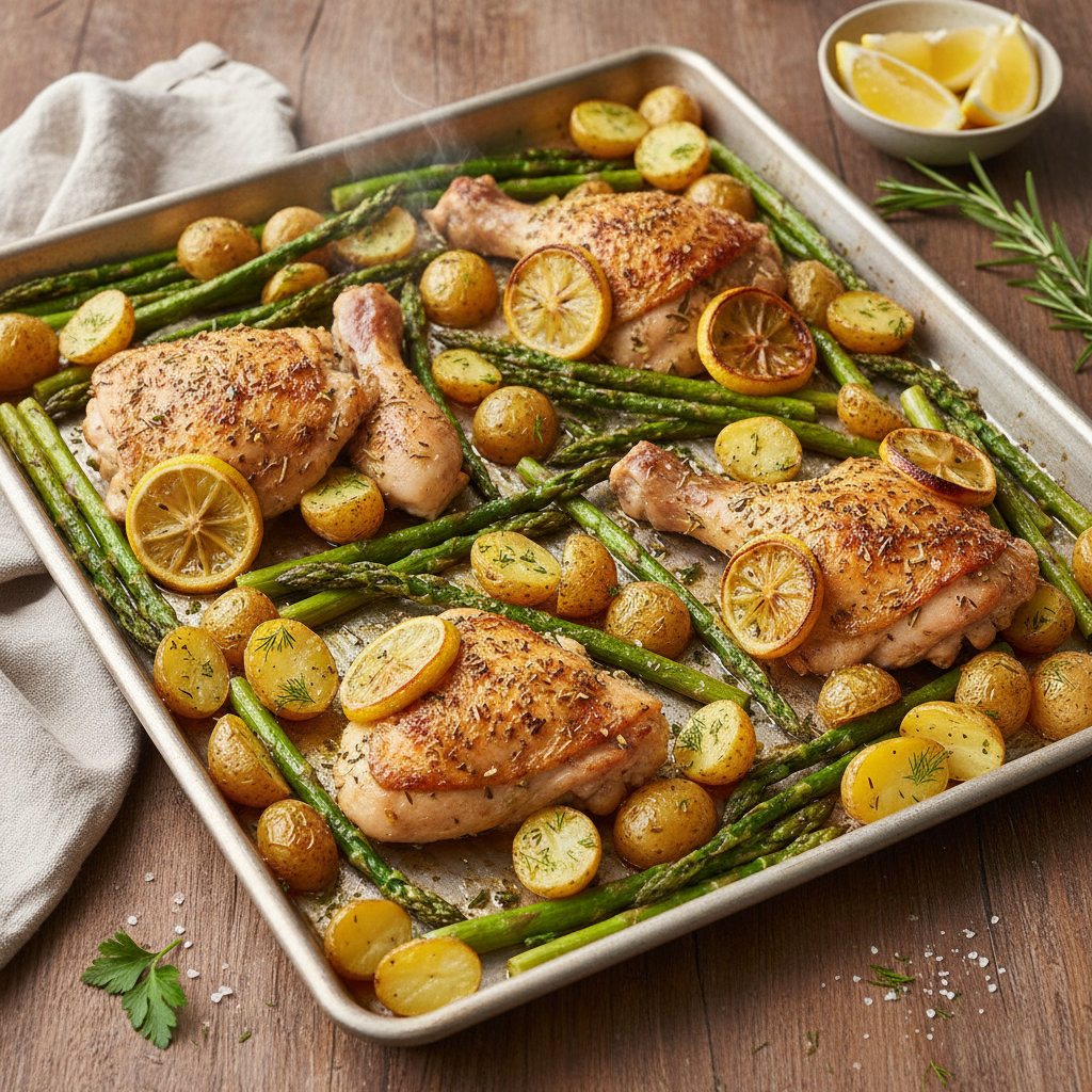 Sheet Pan Lemon Herb Roasted Chicken with Asparagus and Baby Potatoes