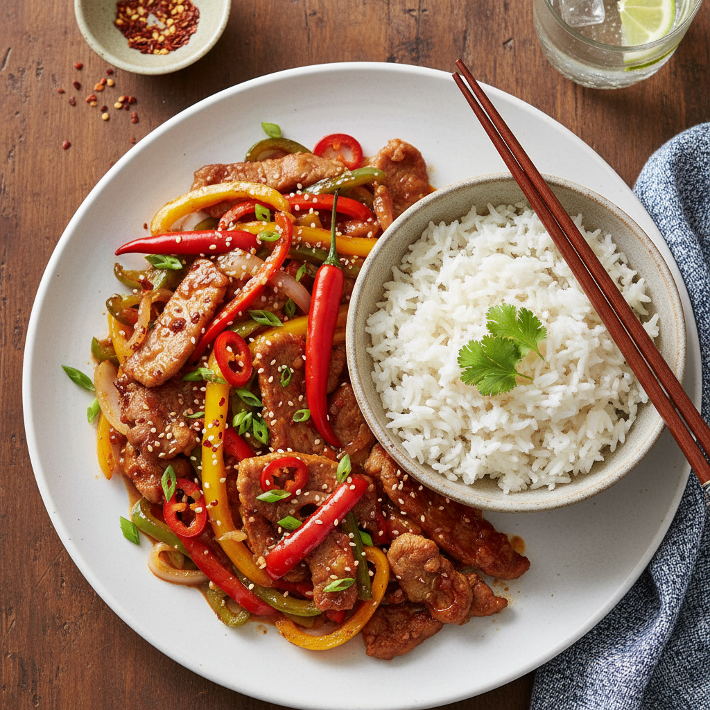 Spicy Pork and Bell Pepper Stir-fry with Jasmine Rice