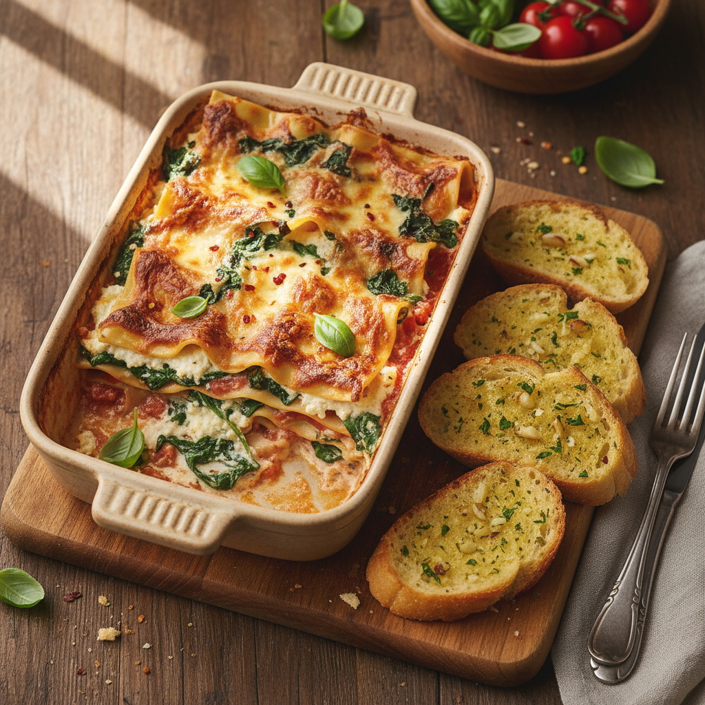 Creamy Tomato and Spinach Lasagna with Garlic Bread
