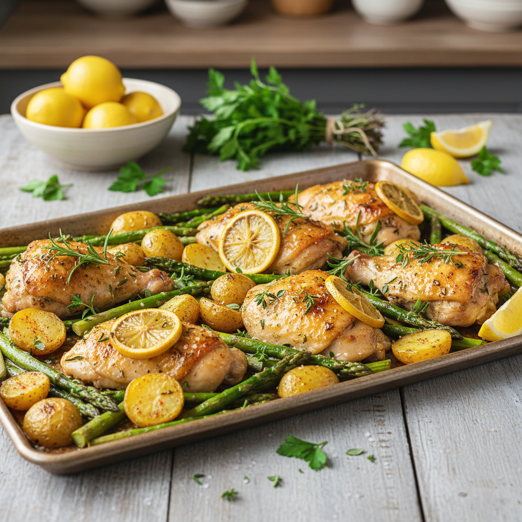 Sheet Pan Lemon Herb Chicken with Roasted Asparagus and Potatoes