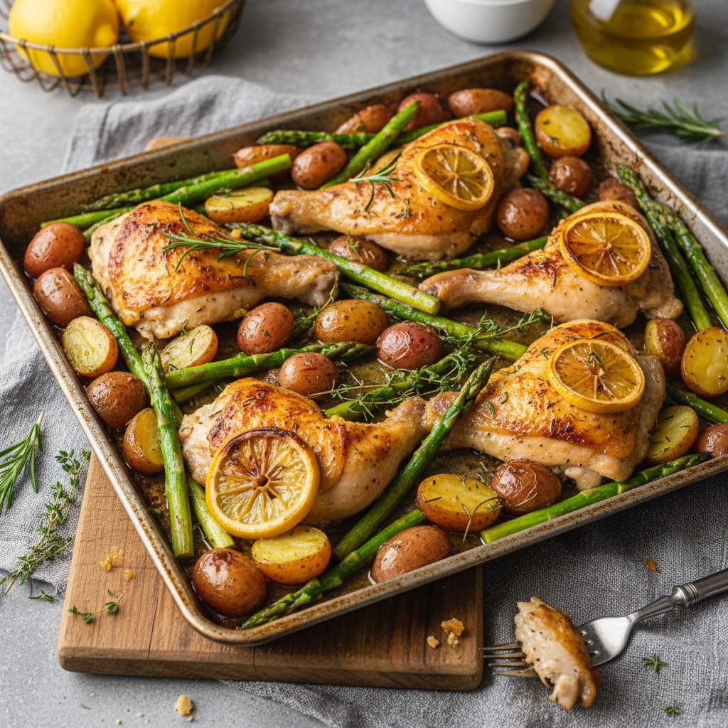 Sheet Pan Lemon Herb Roasted Chicken with Asparagus and Red Potatoes