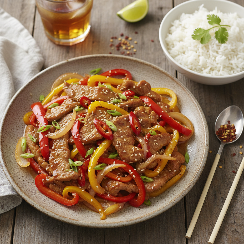 Spicy Pork and Bell Pepper Stir-Fry with Jasmine Rice