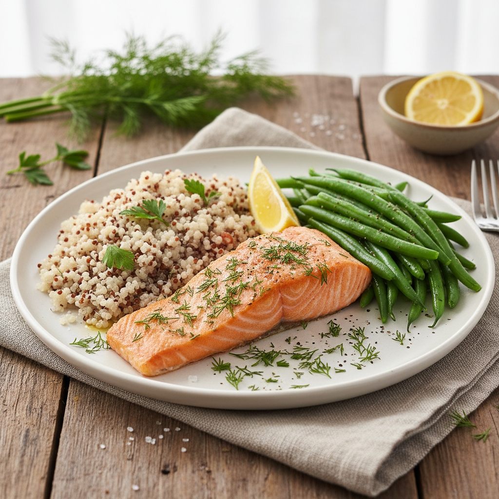 Simple Baked Salmon with Dill, Quinoa, and Steamed Green Beans