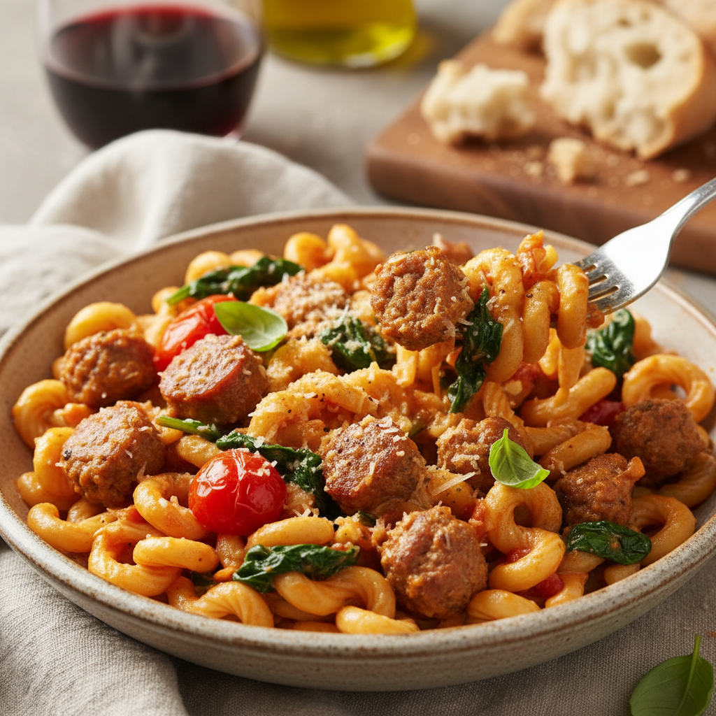 Creamy Tomato Pasta with Spinach and Italian Sausage