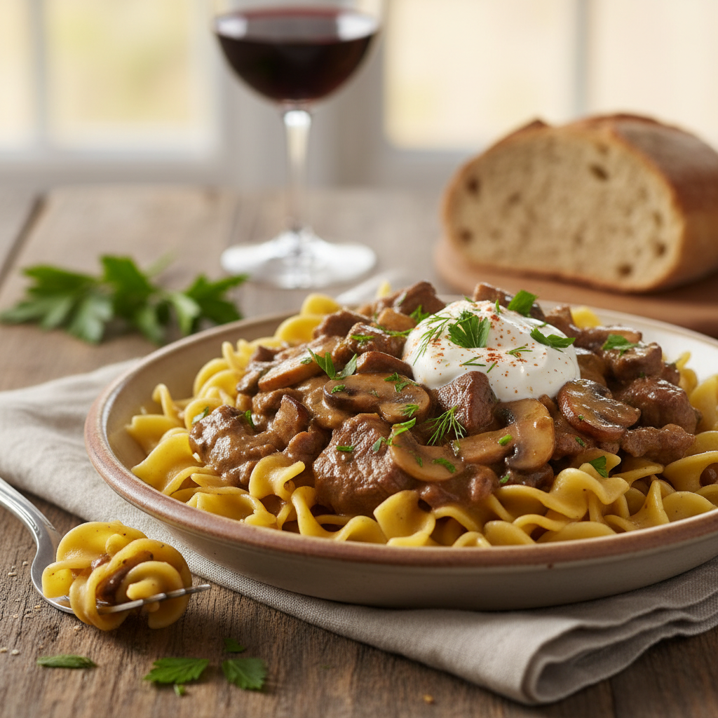 Hearty Beef and Mushroom Stroganoff with Egg Noodles