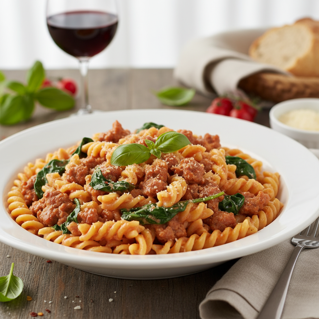 Creamy Tomato Basil Pasta with Italian Sausage and Spinach