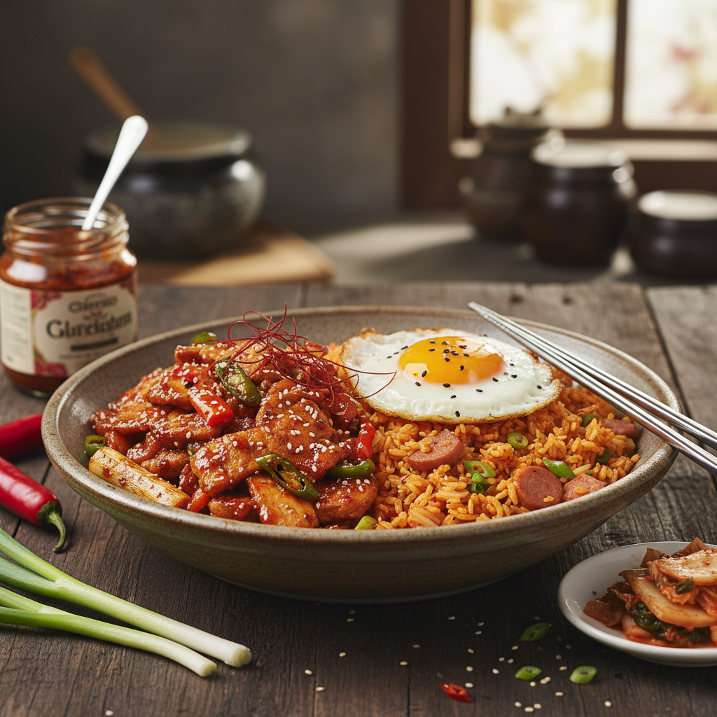 Spicy Gochujang Pork Stir-Fry with Kimchi Fried Rice