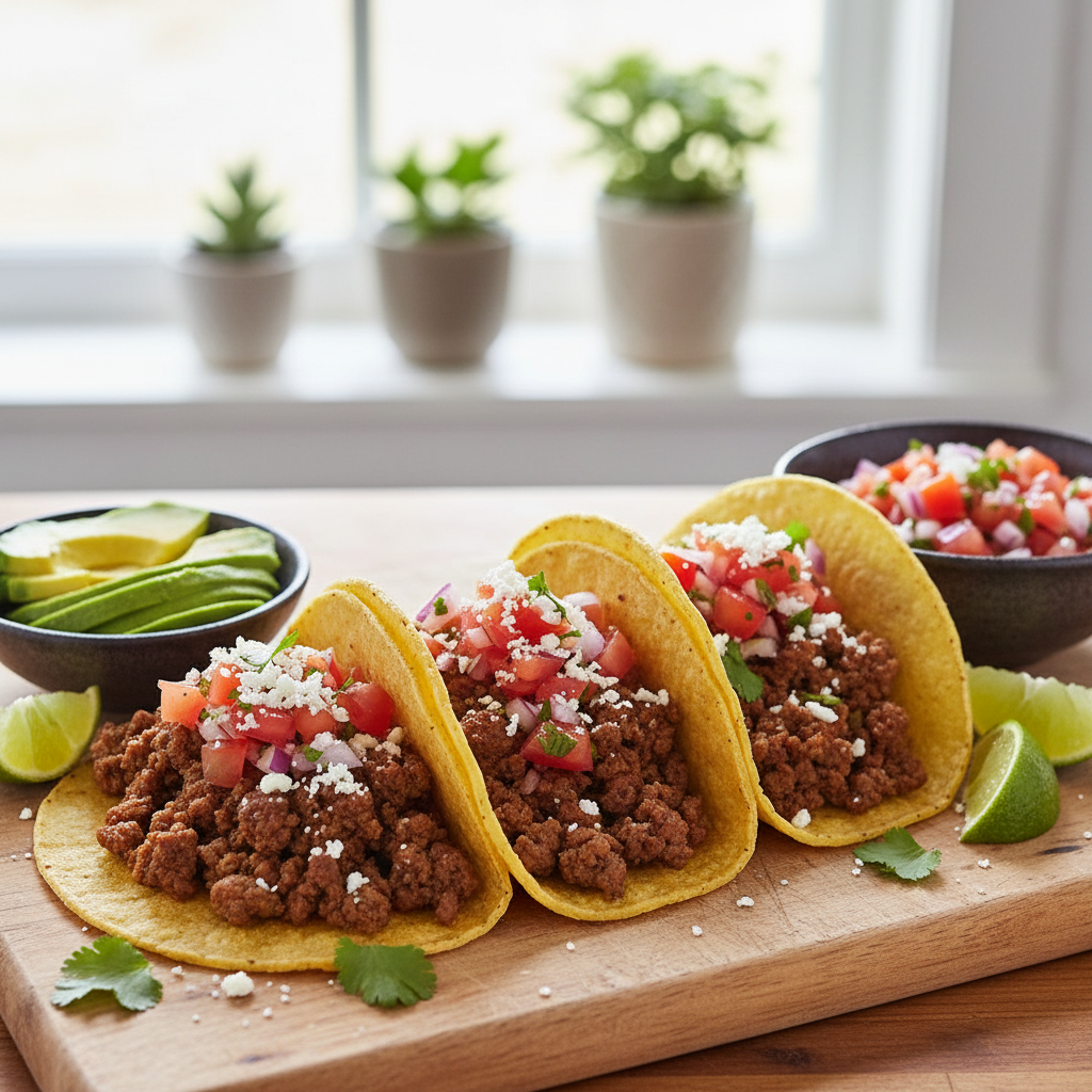 Simple Ground Beef Tacos with Fresh Salsa and Avocado