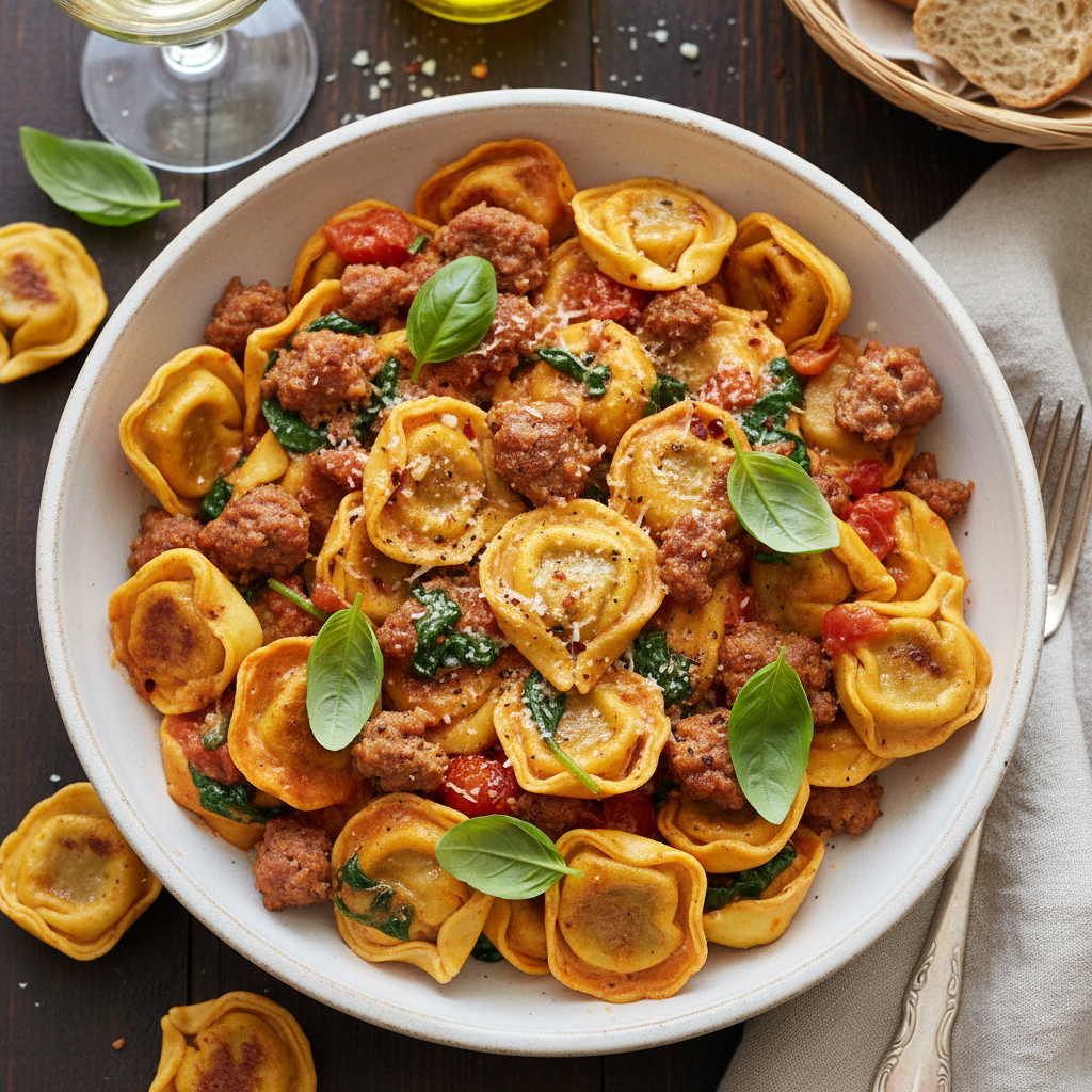 Creamy Tomato and Spinach Tortellini with Italian Sausage