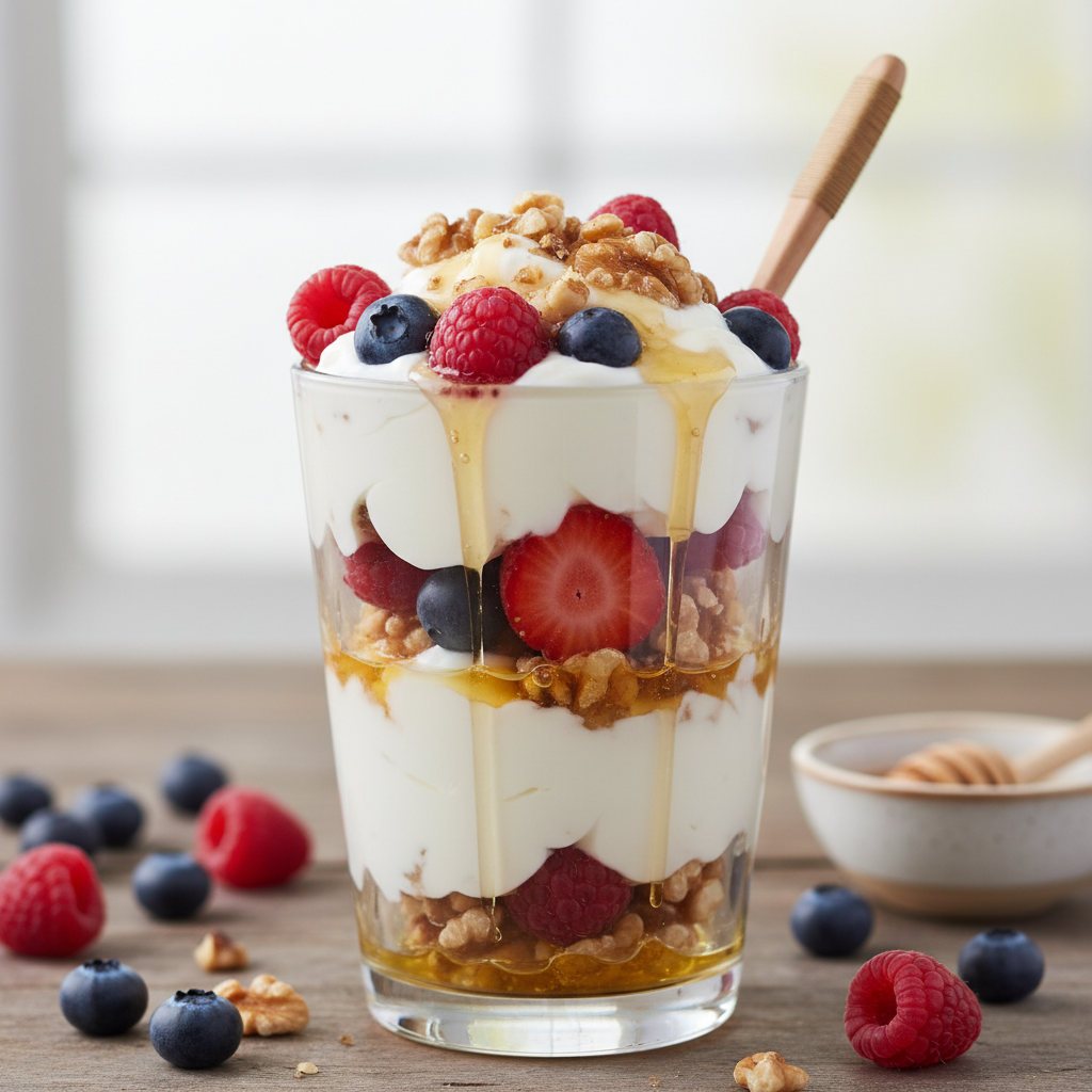 Greek Yogurt Parfait with Honey, Walnuts, and Mixed Berries