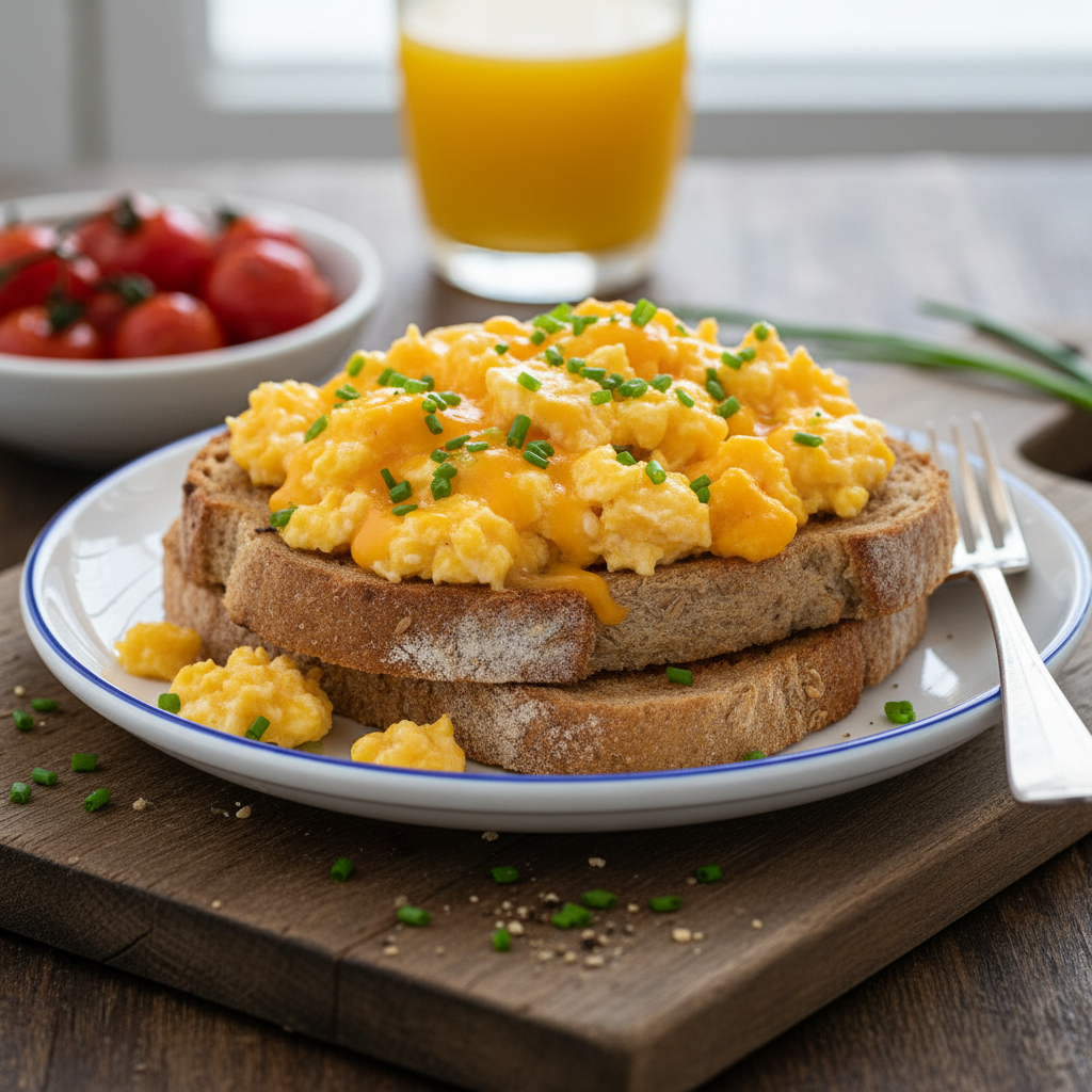 Scrambled Eggs with Cheddar and Chives on Whole Wheat Toast