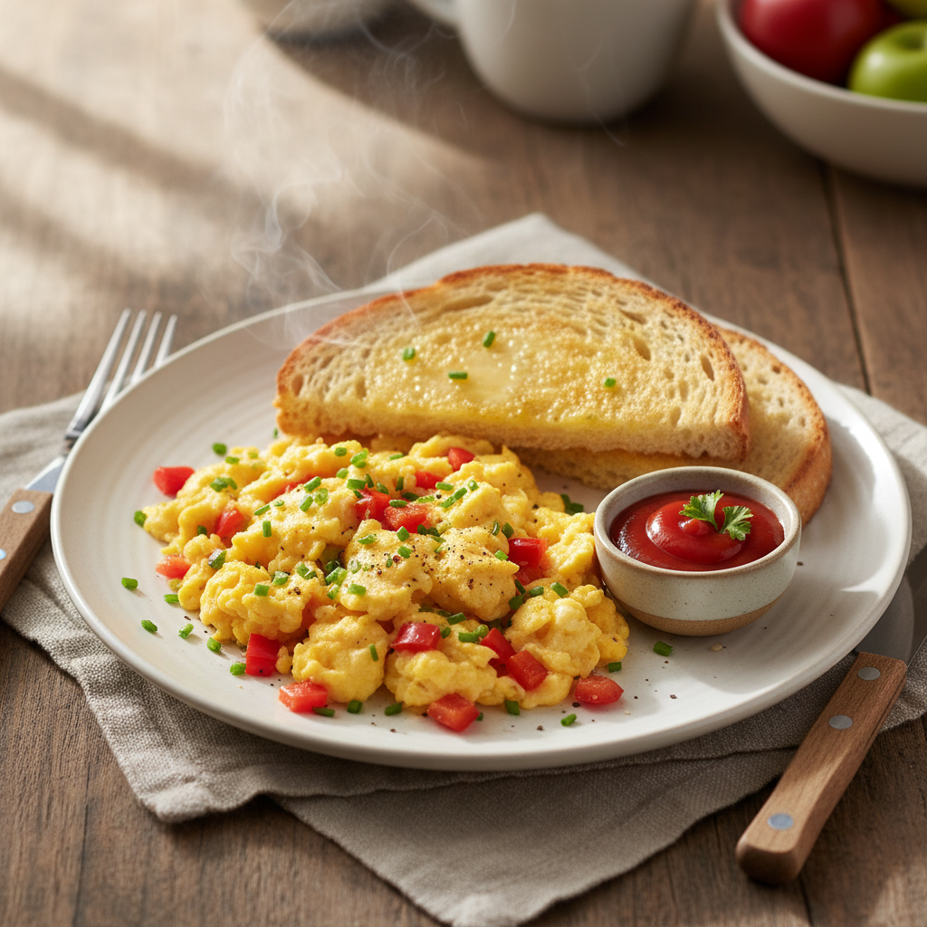 Quick Scrambled Eggs with Bell Pepper and Toast