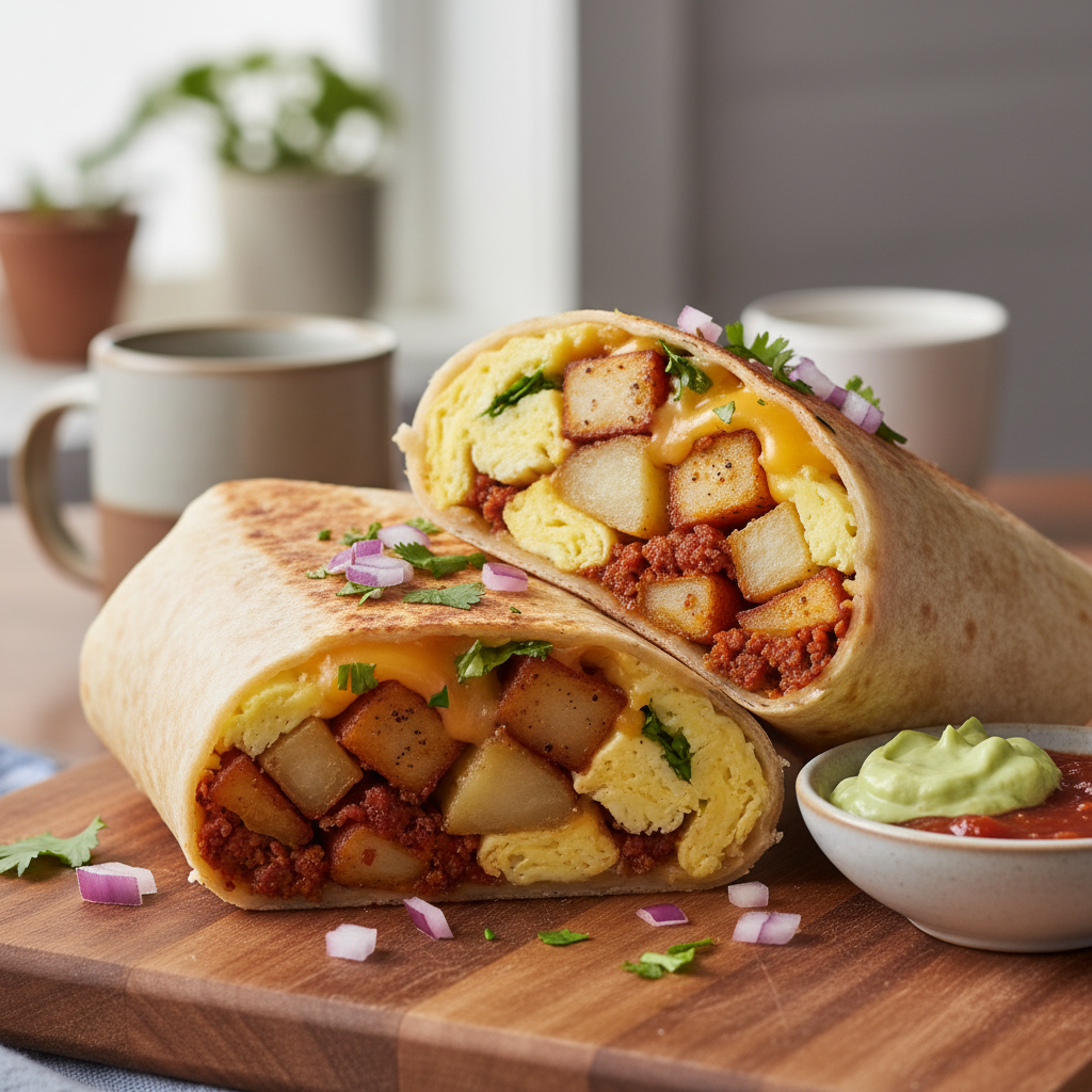 Cheesy Egg and Potato Breakfast Burrito