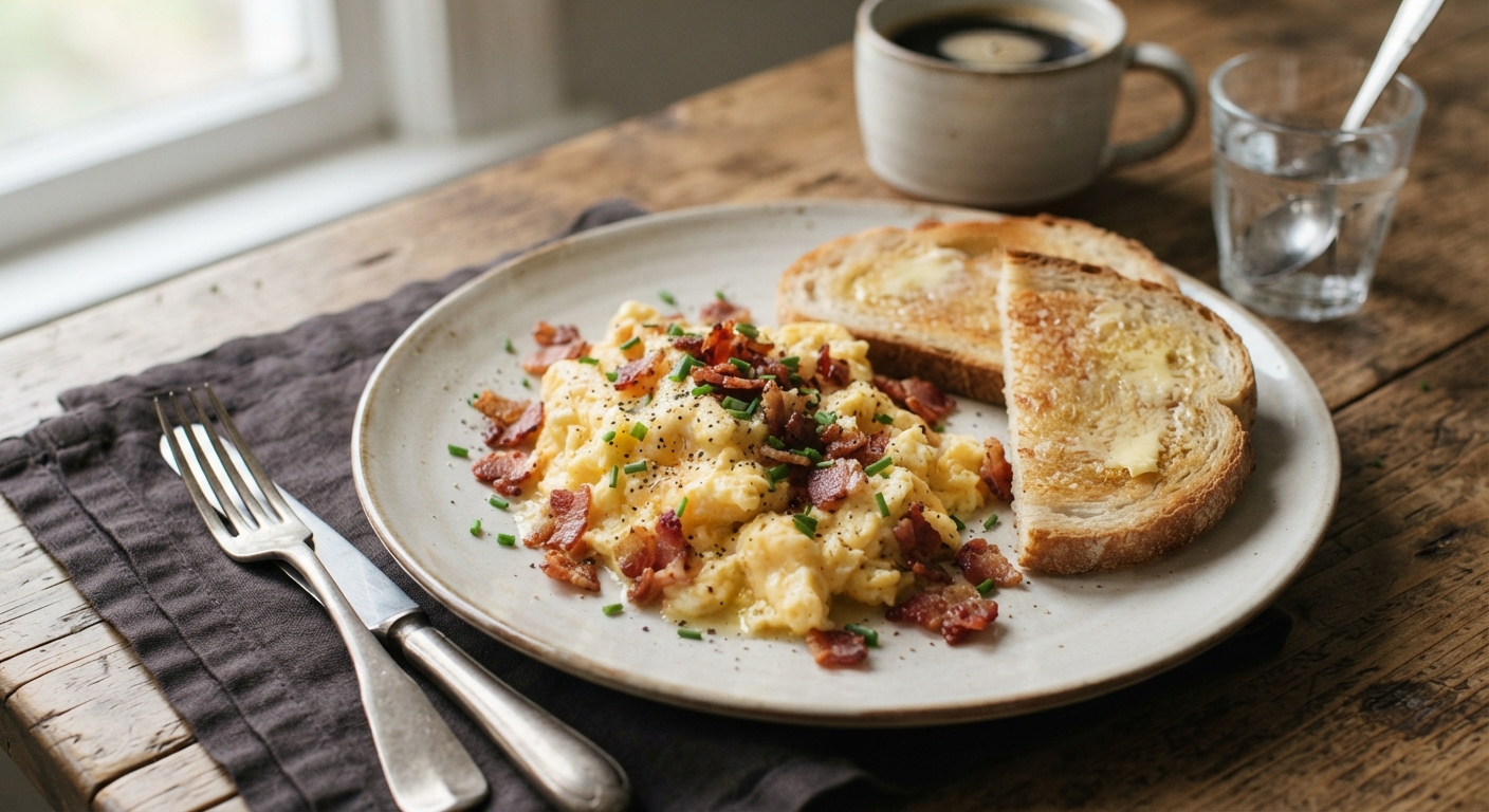 Quick Scrambled Eggs with Bacon Bits and Toast