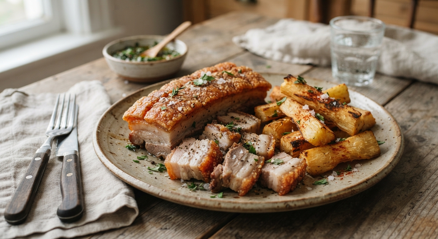 Crispy Pork Belly with Roasted Yuca Fries
