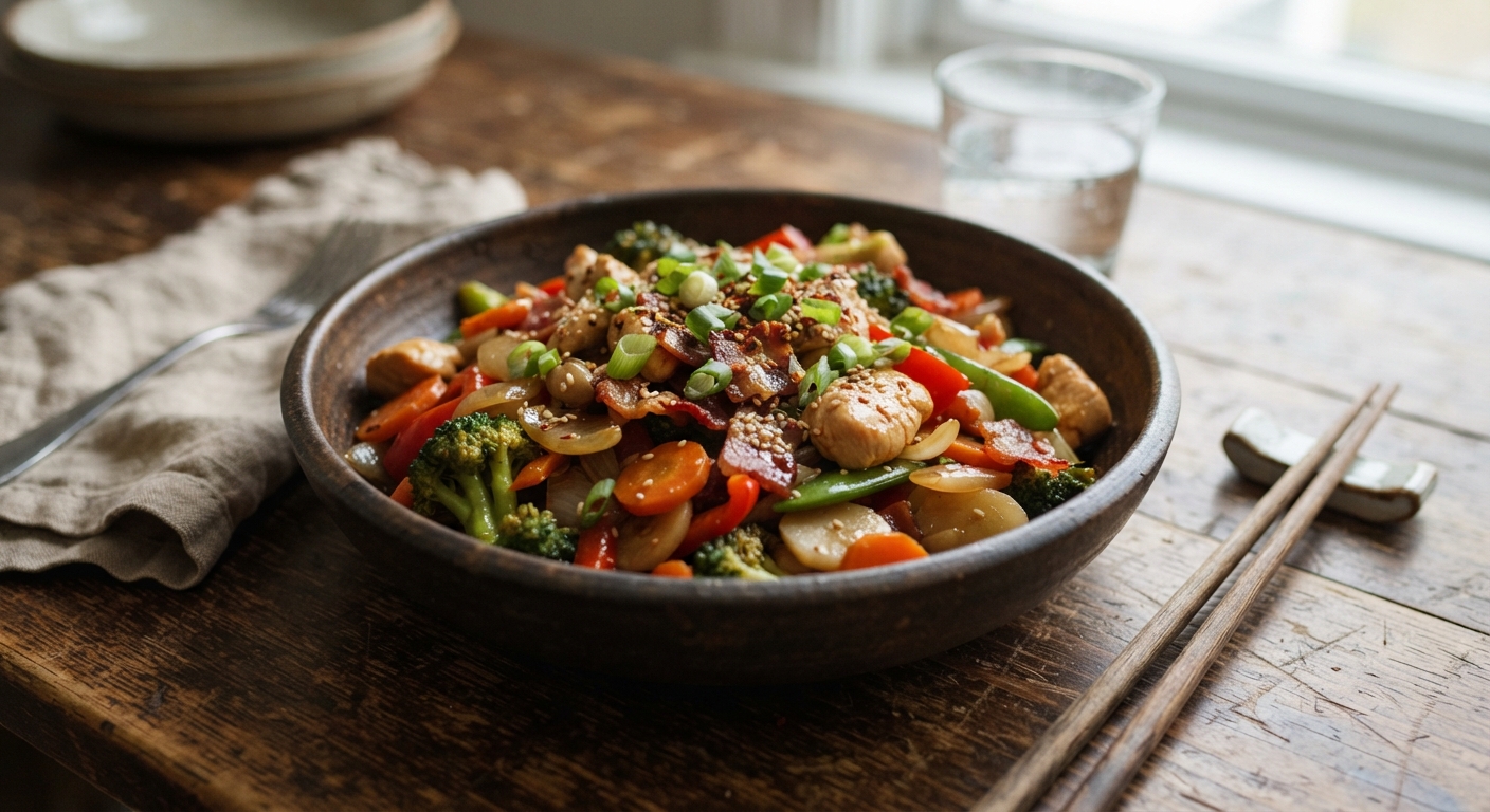 Hearty Bacon and Cornstarch-Thickened Chicken Stir-fry