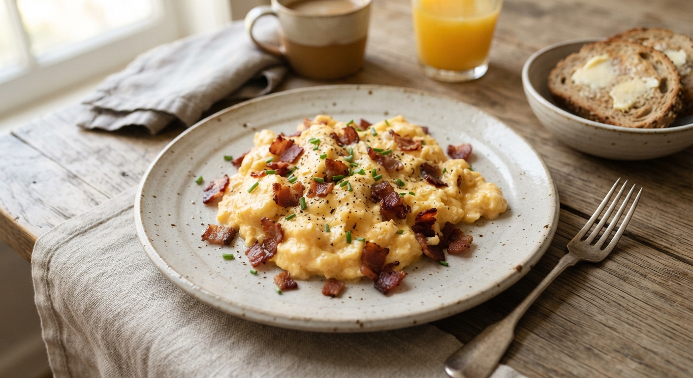 Quick Scrambled Eggs with Crispy Bacon Bits