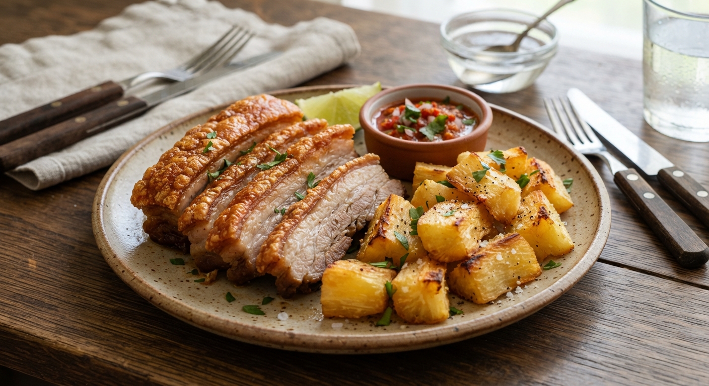 Crispy Pork Belly with Roasted Yuca