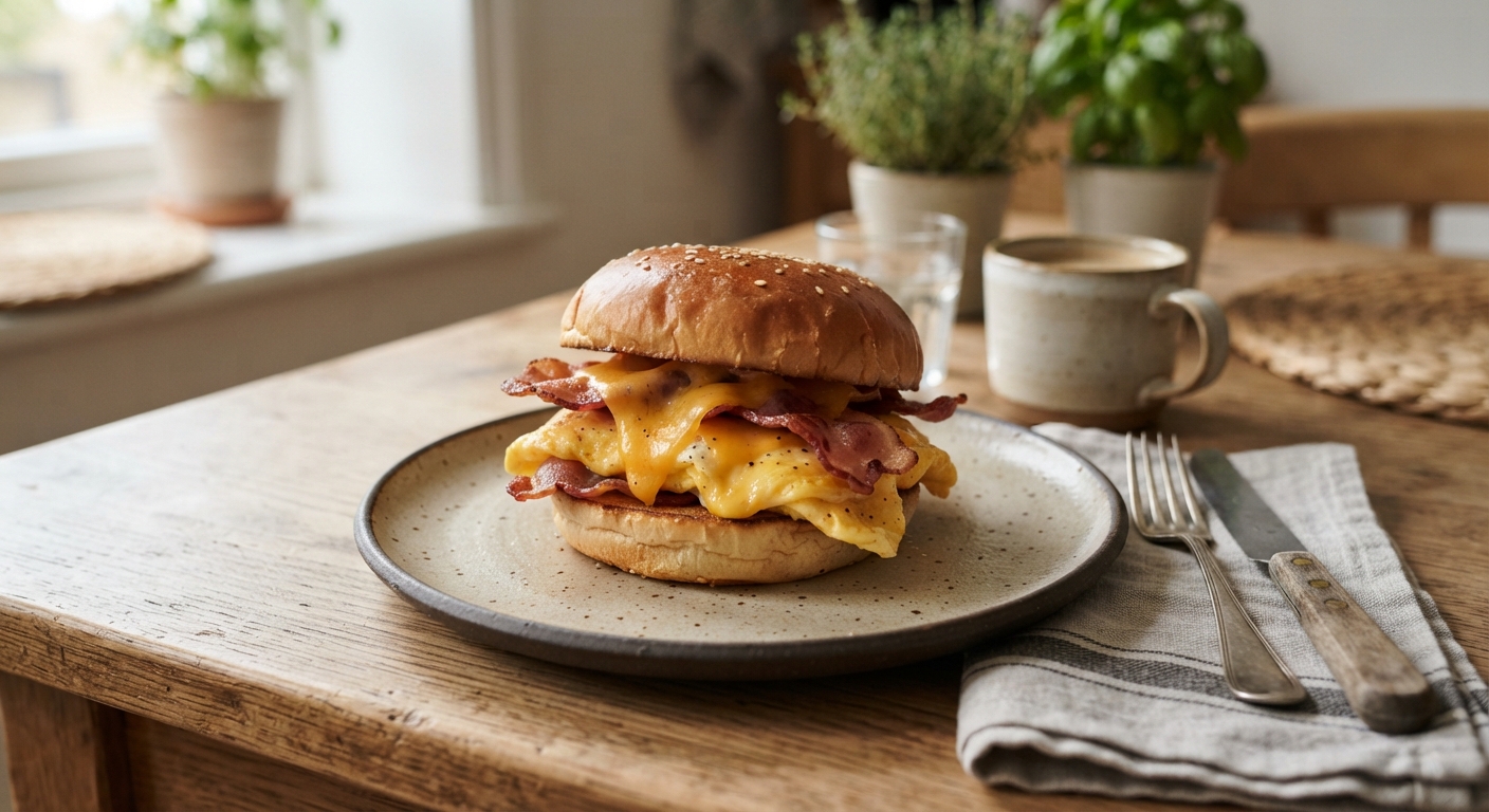 Cheesy Egg and Bacon Breakfast Sandwich