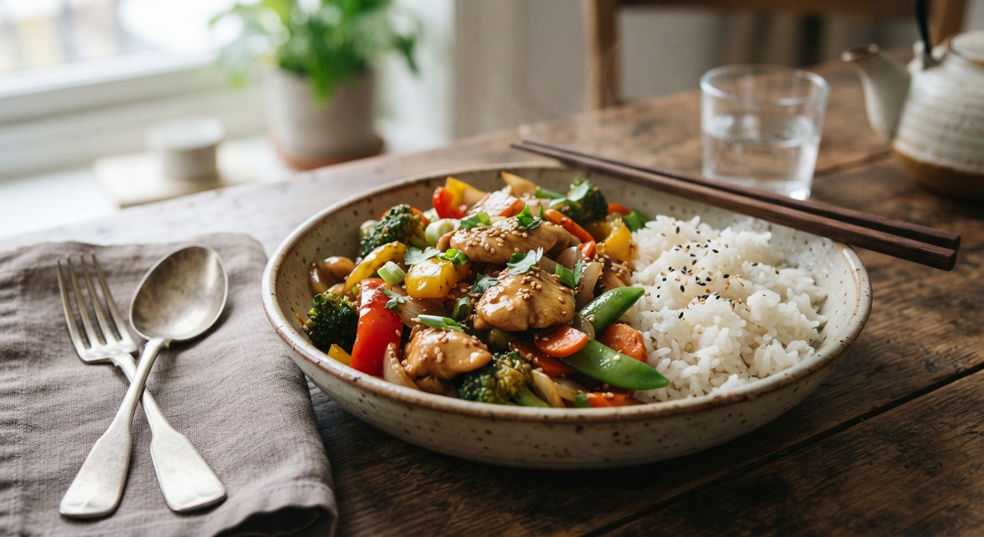 Chicken Stir-Fry with Corn Starch Glaze and Rice