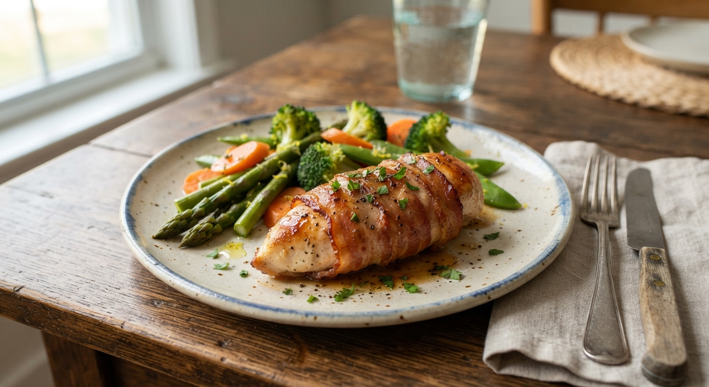 Bacon-Wrapped Chicken Breast with Steamed Vegetables
