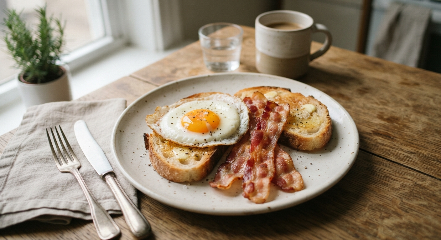 Toast with Fried Egg and Bacon Strips