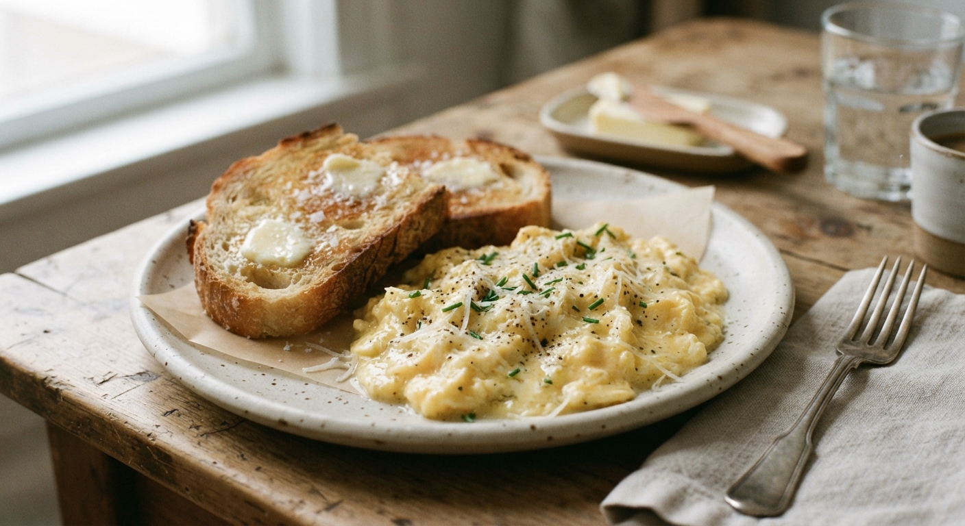 Quick Scrambled Eggs with Romano Cheese and Toast