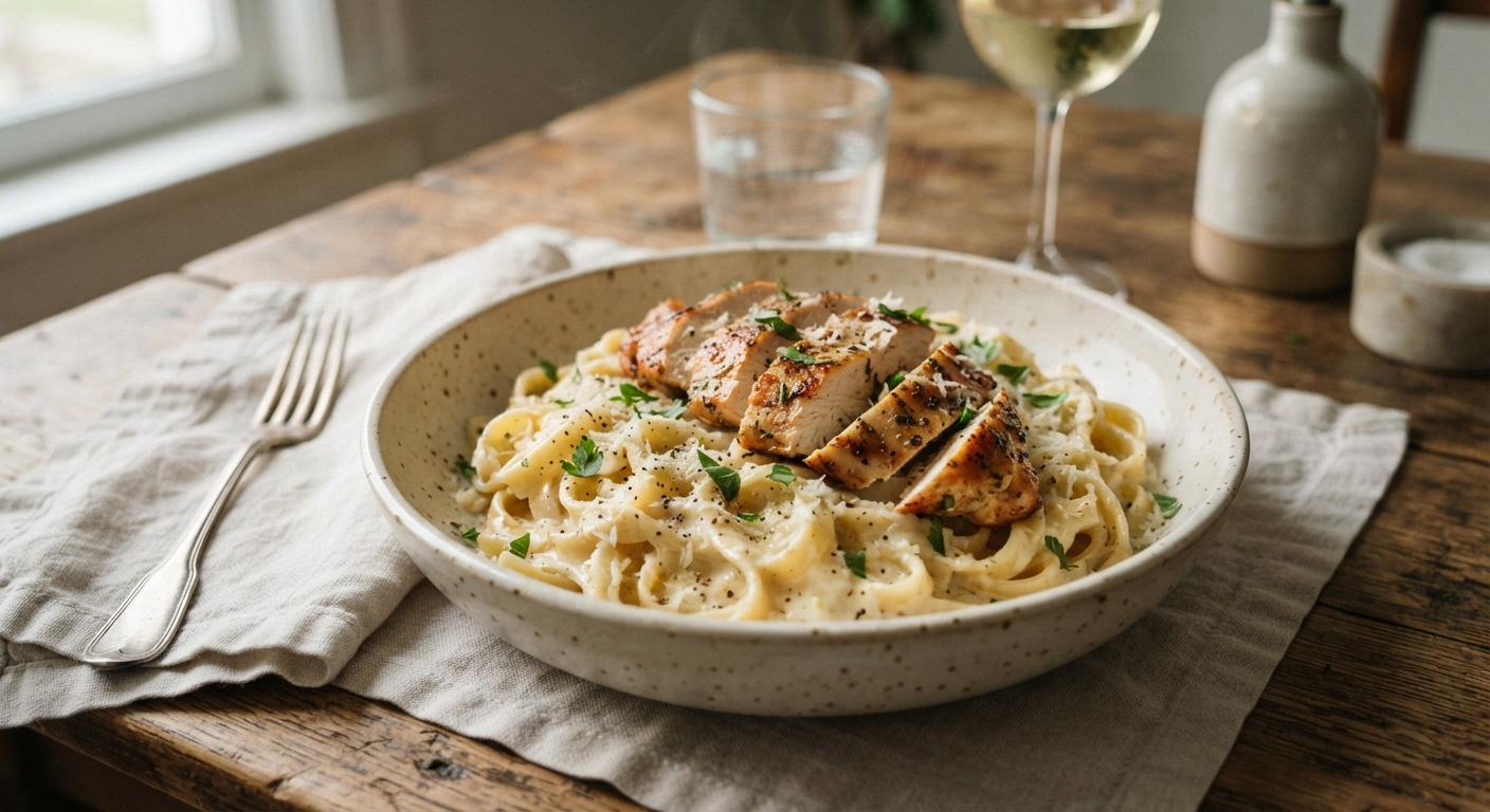 Creamy Romano Cheese Pasta with Pan-Seared Chicken