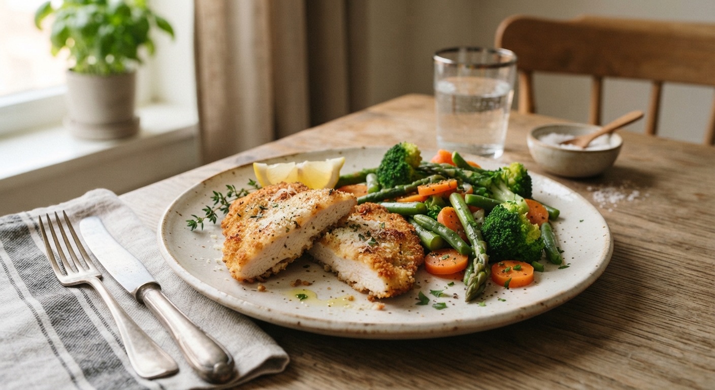 Breaded Chicken Cutlets with Steamed Vegetables